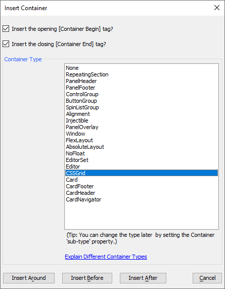 Insert Container dialog